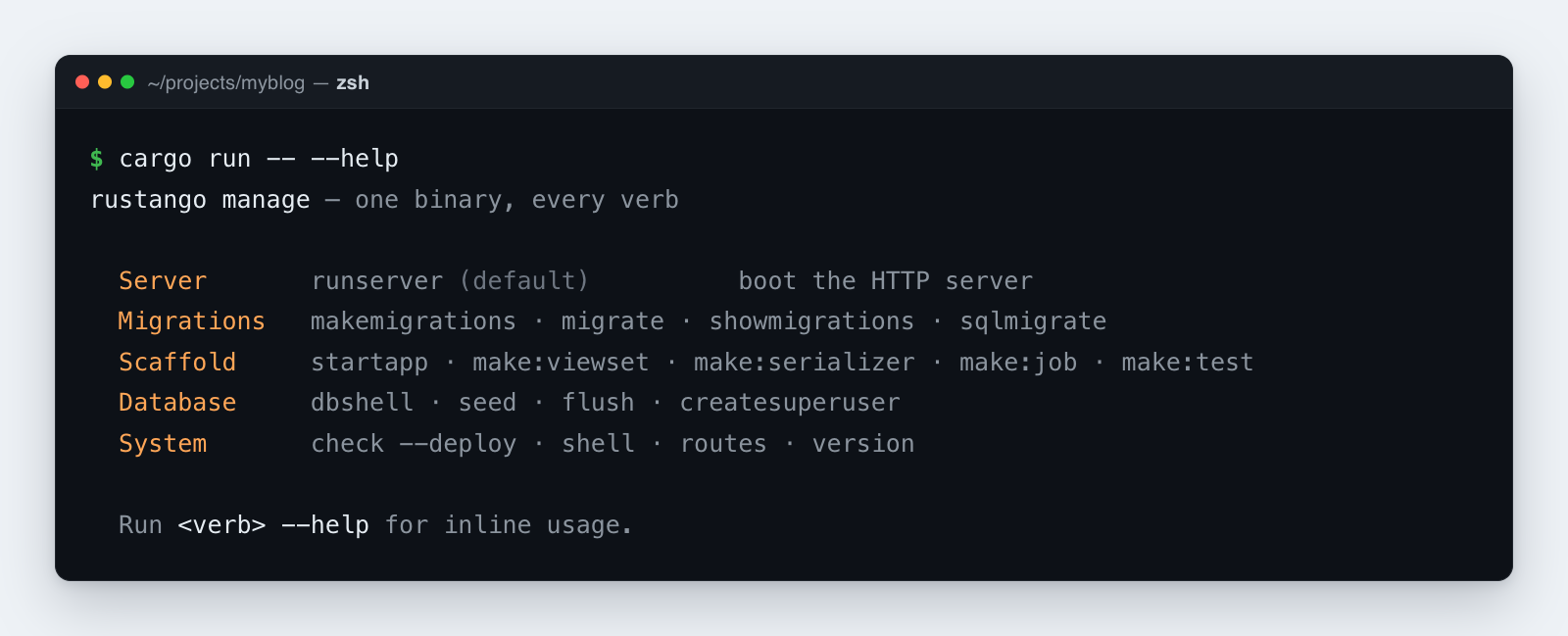 One binary runs every manage verb — server, migrations, scaffolders, database utilities, and system commands — like Django's manage.py or Laravel's artisan