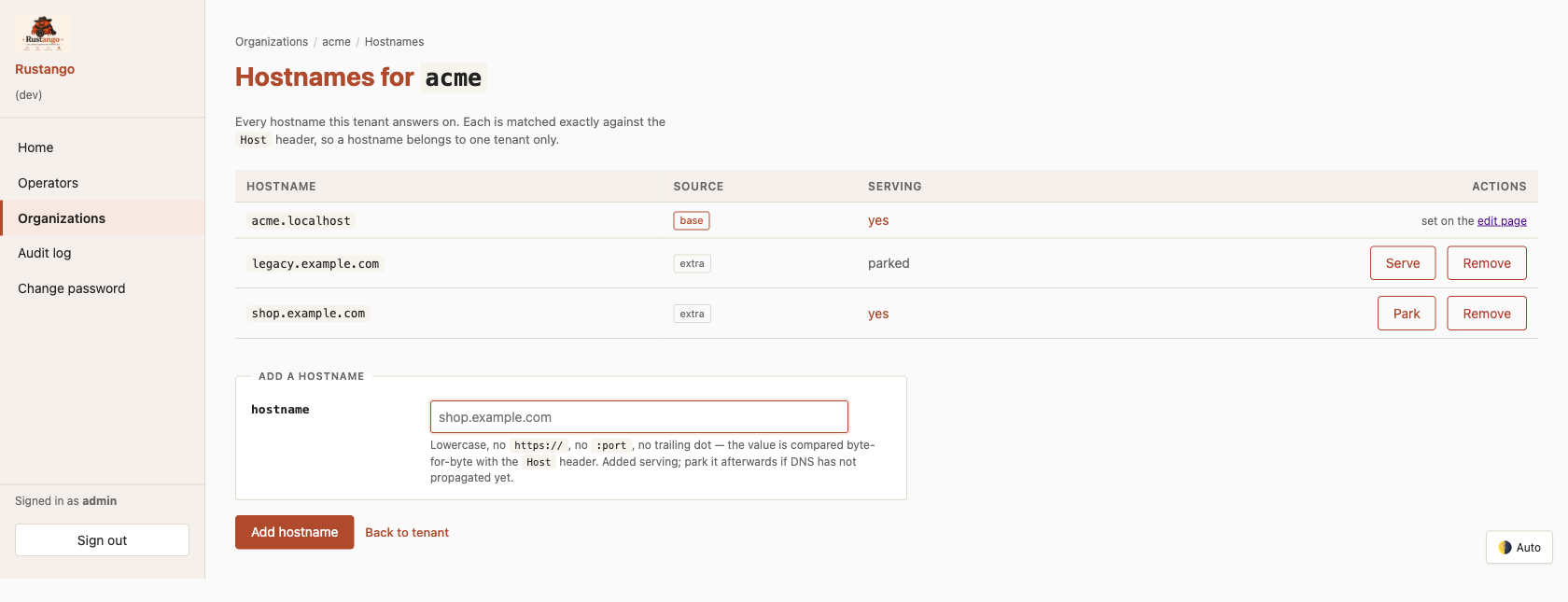 The hostnames page for one tenant — the base host marked as such and undeletable, extra hosts with Park and Remove actions, and a form to add one