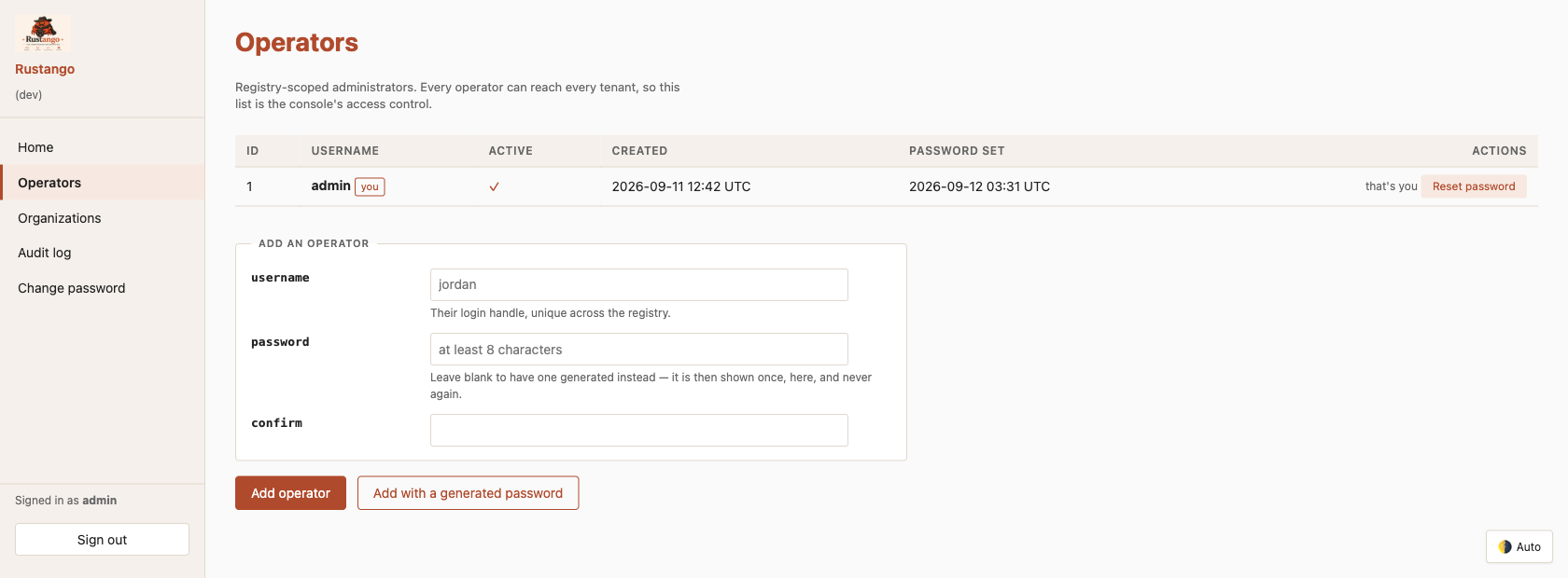 The operators page — the signed-in operator marked "that's you", with a form to add another and the option to generate a password