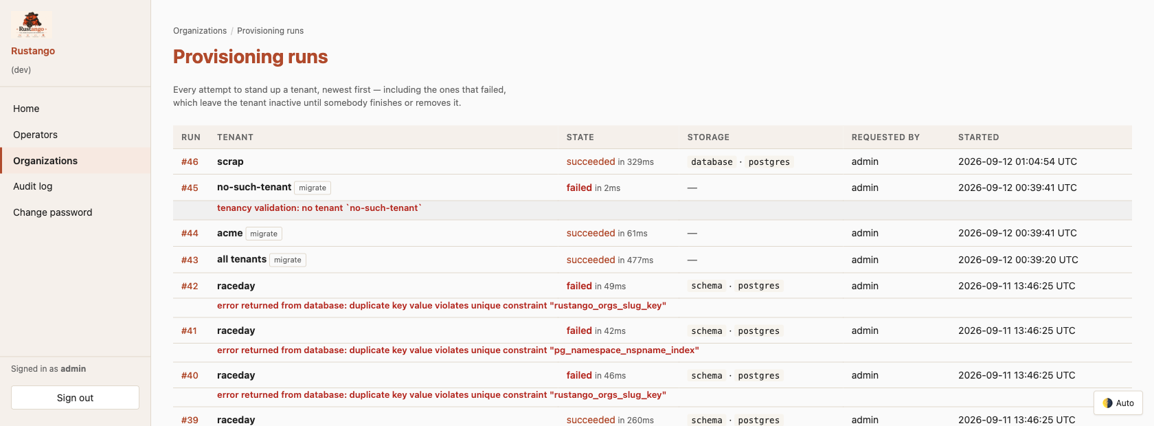 The provisioning runs page — each run with its kind, tenant, state and timing, linking to the recorded steps